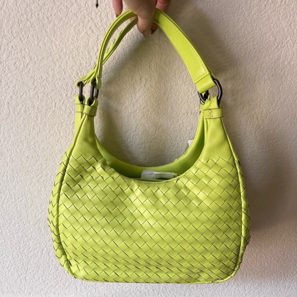 *READ Neon Highlighter Yellow Green Weave Sheepskin Zipper Hobo Shoulder Bag S9